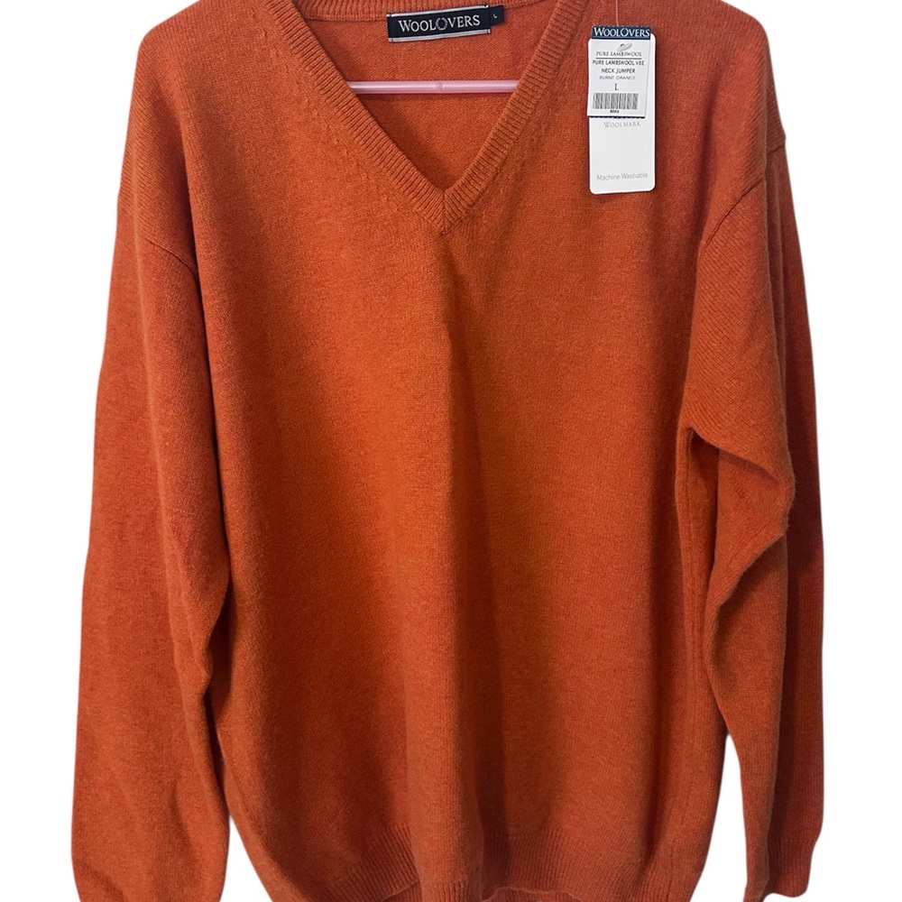 Woolovers Pure Lambswool V-Neck Jumper Sweater Men's Size L Burnt Orange NWT